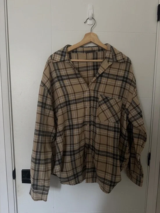 Beige Plaid Button-Up Shirt - Picture 1 of 2